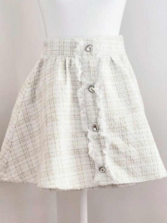Ank Rouge Dresses & Skirts - ANK ROUGE Flared Tweed Crystal Bijoux Button A-Line Mini Skirt